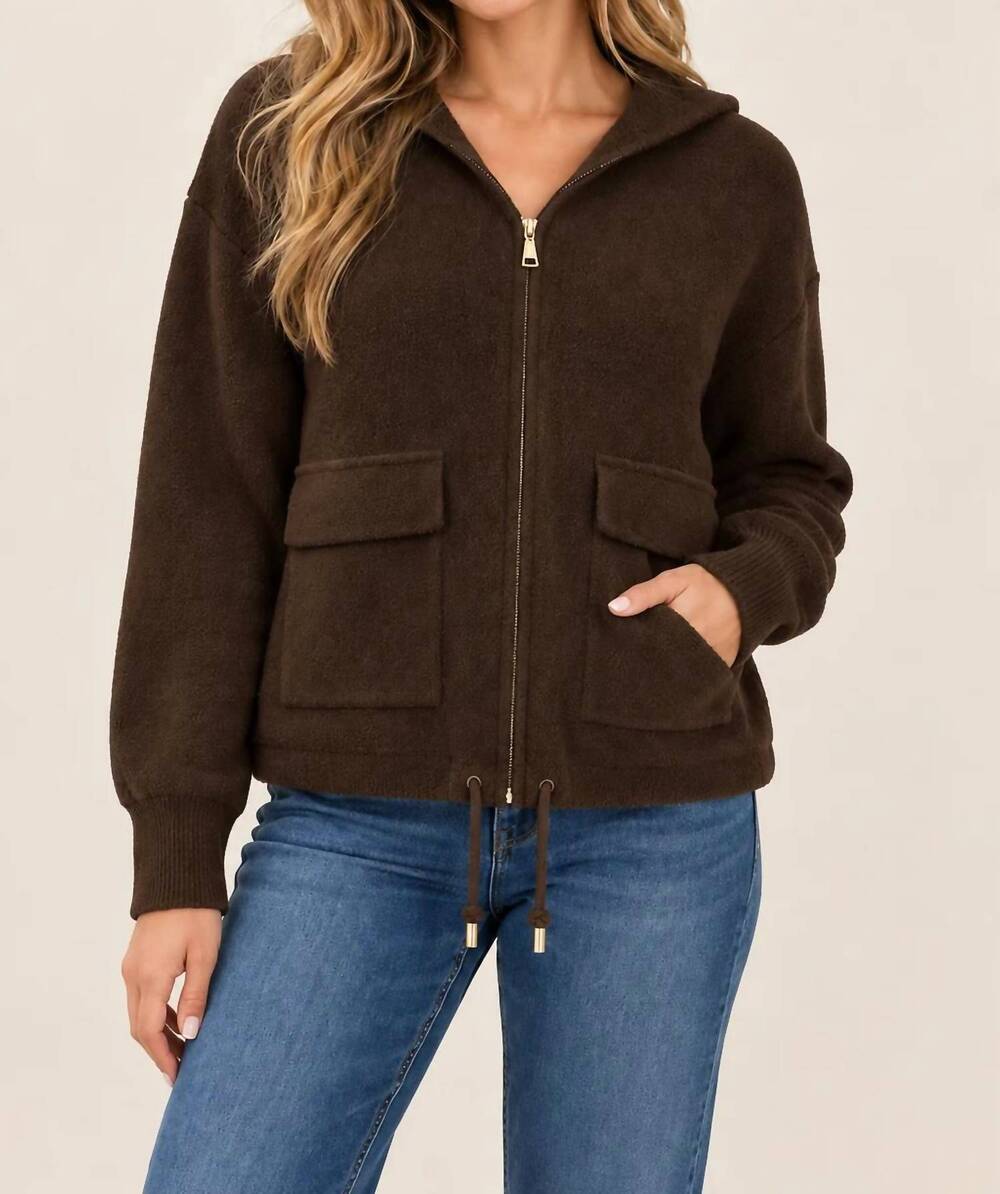 NEW CHARLIE B long sleeve zipper front hoodie with patch pockets in brown